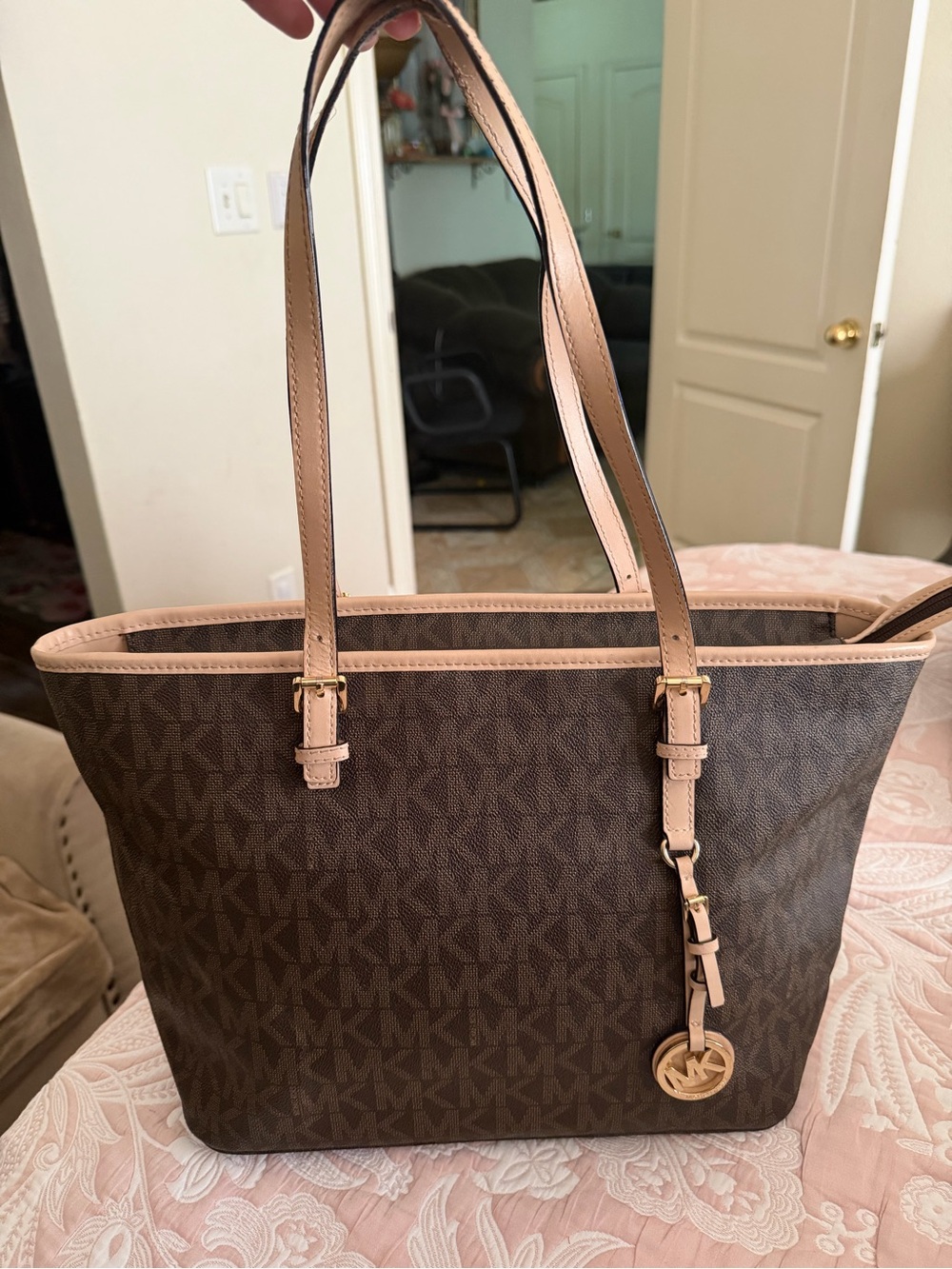 Michael Kors Brown Tote with Blush Trim and Gold Charm